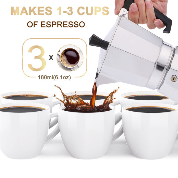 RAINBEAN Stovetop Espresso Maker 180ml For 3 Cups Espresso, Italian Moka Pot Coffee Maker, For Coffee Latte Mocha Cappuccino Macchiato Cuban Cafe Makers, Silver - Image 9